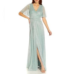 Adrianna Papell metallic mesh draped gown in sea glass